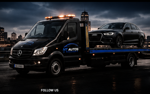 Black recovery truck carrying an Audi